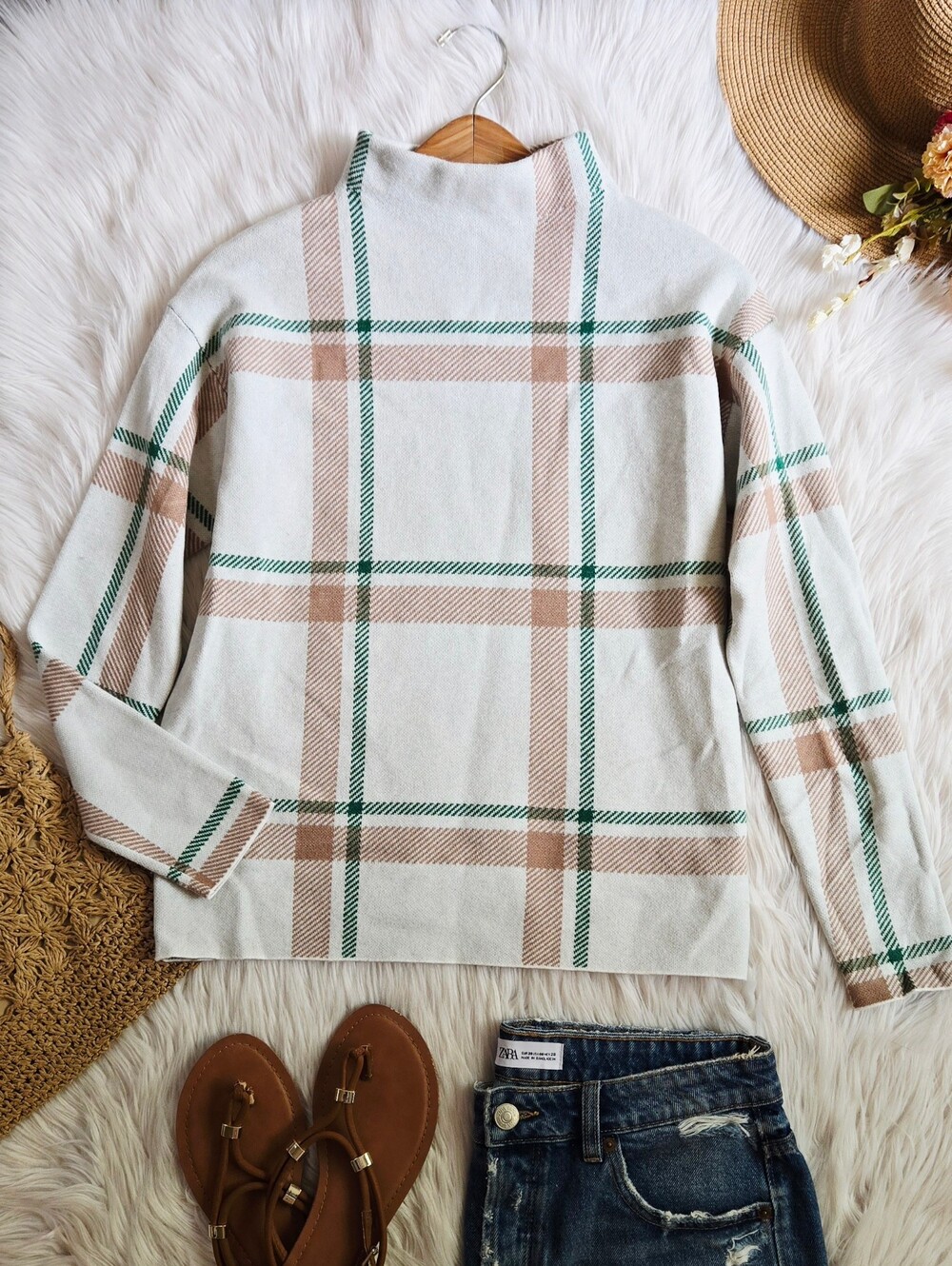 Cozy Plaid Mock Neck Sweater in Cream, Tan & Green